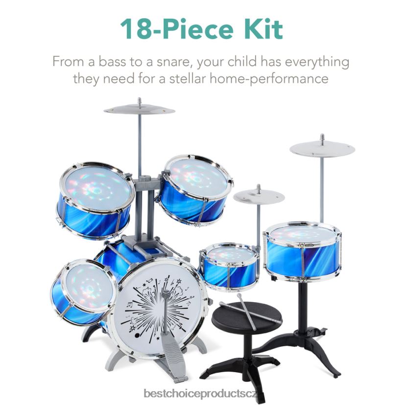 Best Choice Products 18dílná dětská bicí sada pro začátečníky, sada hraček na hudební nástroje s LED světly hračka a hra | modrý FF2286562