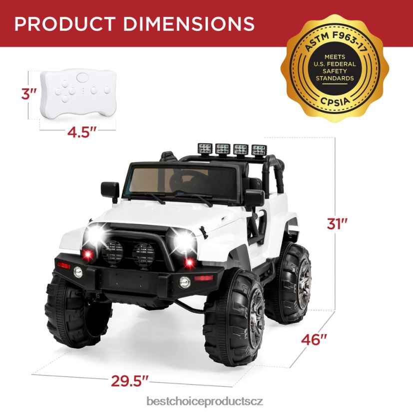 Best Choice Products 12V hračka pro děti na náklaďáku se 3 rychlostmi, led, dálkové ovládání, bluetooth hračka a hra | bílý FF2286533