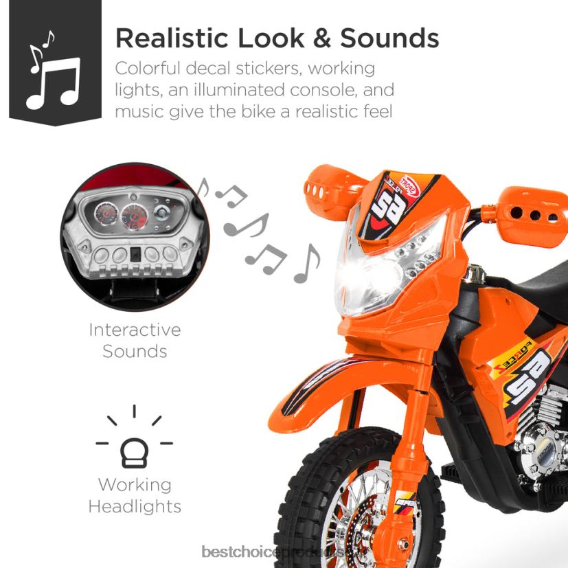 Best Choice Products 6V dětská elektrická pojízdná motorka s cvičnými koly, světly, hudbou hračka a hra | oranžový FF2286519