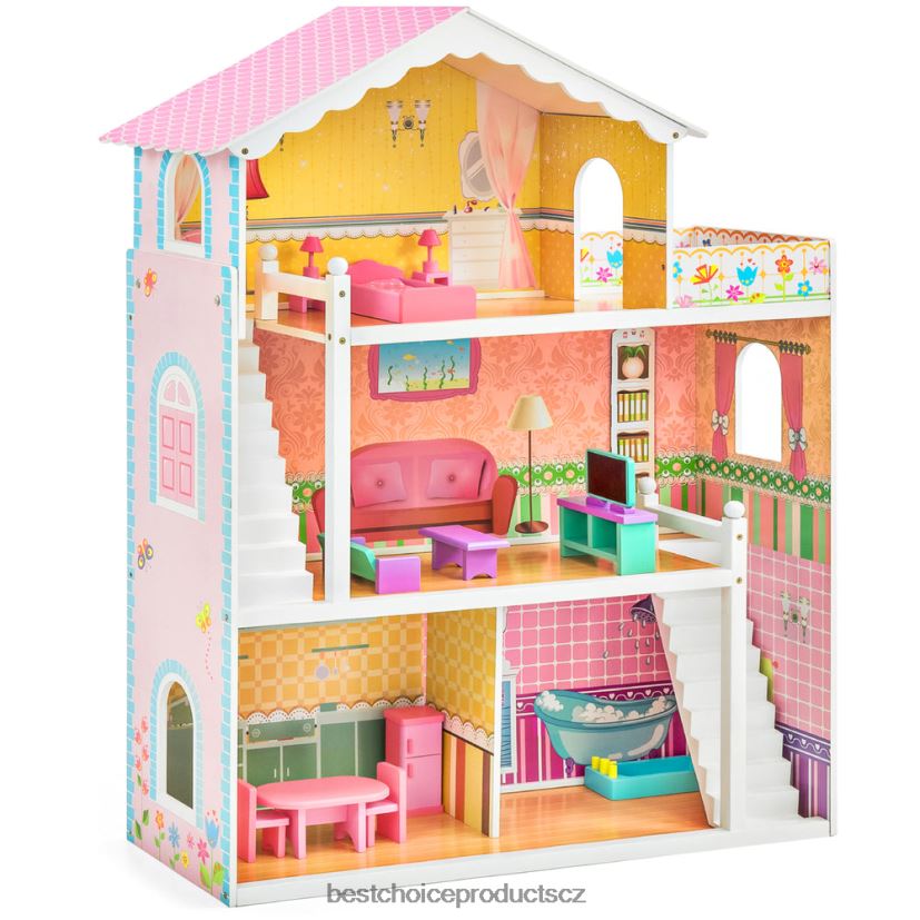 Best Choice Products Třípatrový dřevěný domeček pro panenky, velké otevřené sídlo s 5 pokoji, 17 doplňky hračka a hra | vícebarevný FF2286528