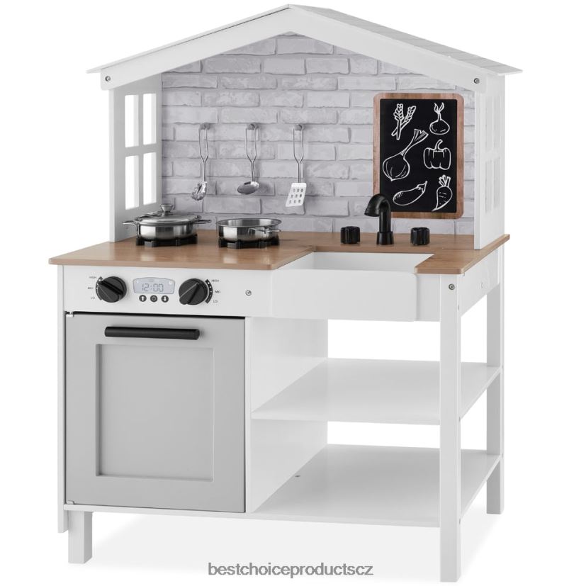 Best Choice Products dětská kuchyňka na farmě s tabulí, úložné police, 5 doplňků hračka a hra | zkosená bílá FF2286299