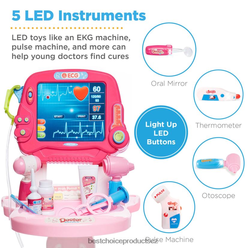 Best Choice Products herní sada na doktora pro děti, chlapce a dívky se 17 doplňky, mobilní vozík hračka a hra | růžový FF2286273