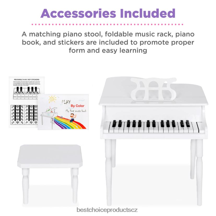 Best Choice Products dětské mini dřevěné křídlo s víkem, lavice, stojan na noty, zpěvník, samolepky hudební nástroje | bílý FF22861124