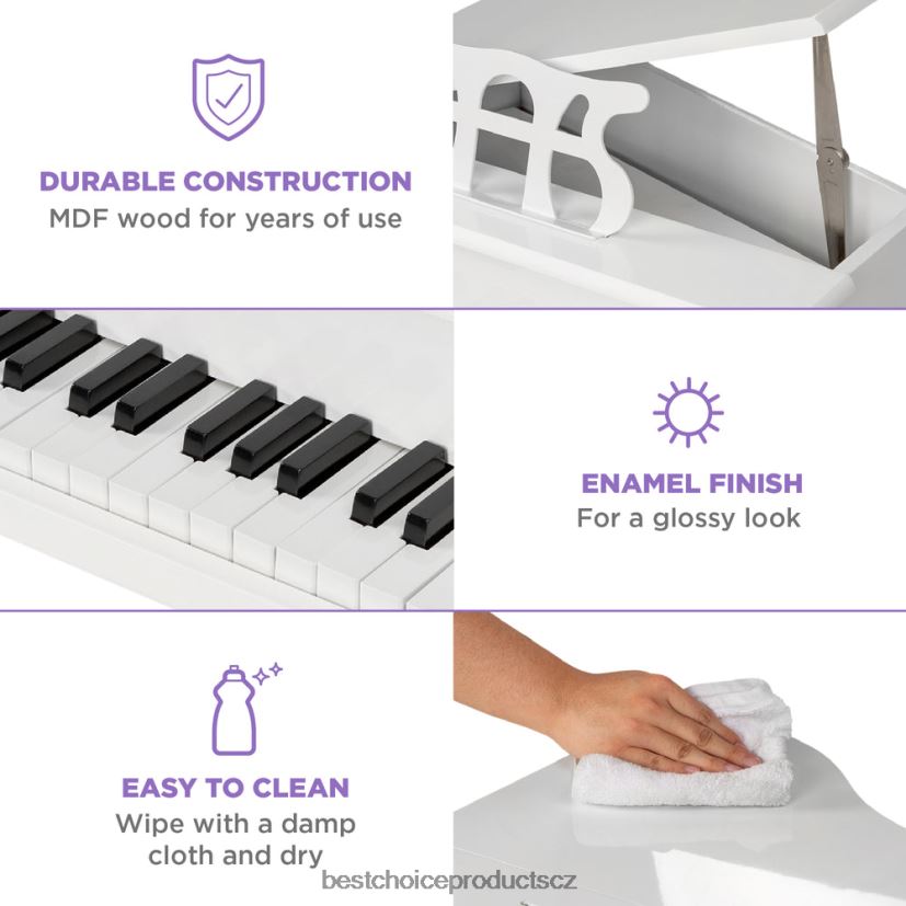 Best Choice Products dětské mini dřevěné křídlo s víkem, lavice, stojan na noty, zpěvník, samolepky hudební nástroje | bílý FF22861124