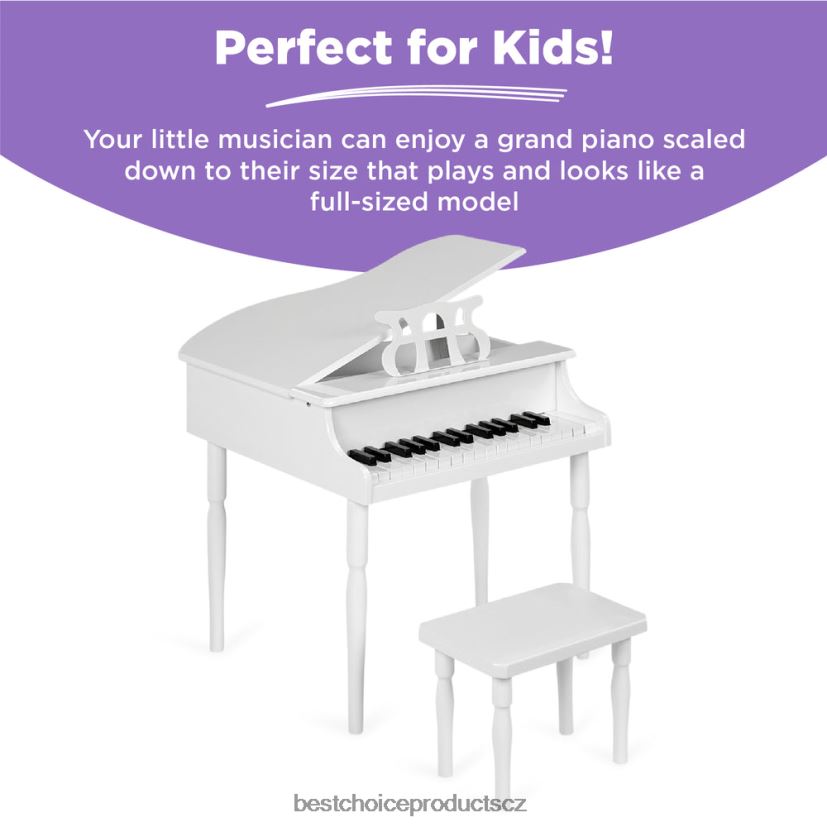 Best Choice Products dětské mini dřevěné křídlo s víkem, lavice, stojan na noty, zpěvník, samolepky hudební nástroje | bílý FF22861124