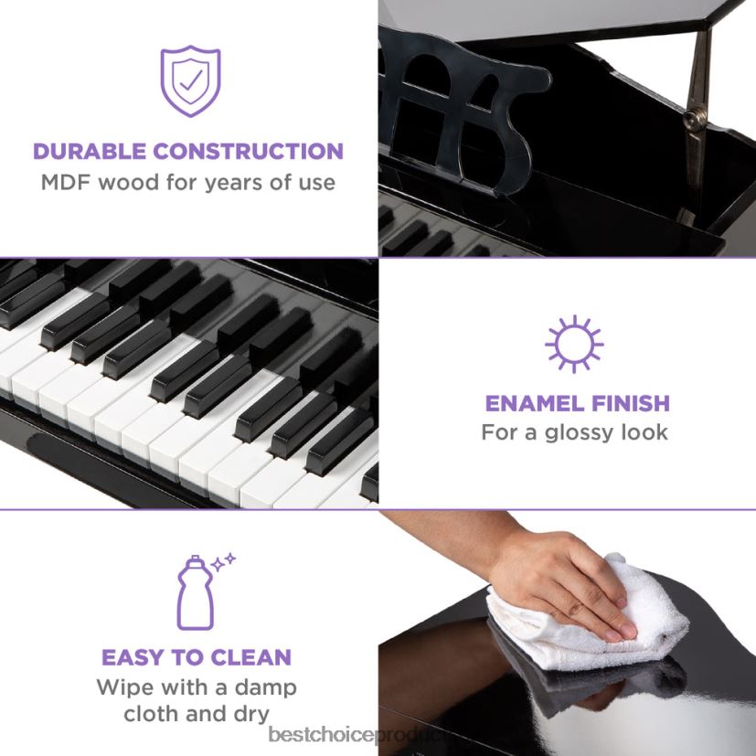 Best Choice Products dětské mini dřevěné křídlo s víkem, lavice, stojan na noty, zpěvník, samolepky hudební nástroje | Černá FF22861123