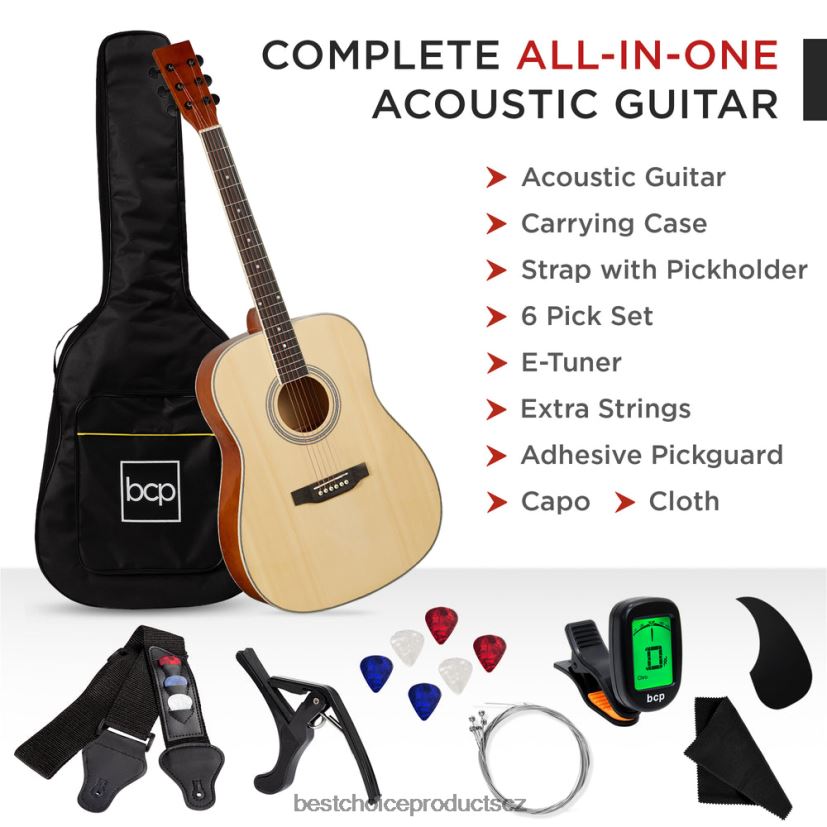 Best Choice Products Startovací sada pro akustickou kytaru 41 palců s digitální ladičkou, polstrované pouzdro, trsátka, popruh hudební nástroje | přírodní FF22861072