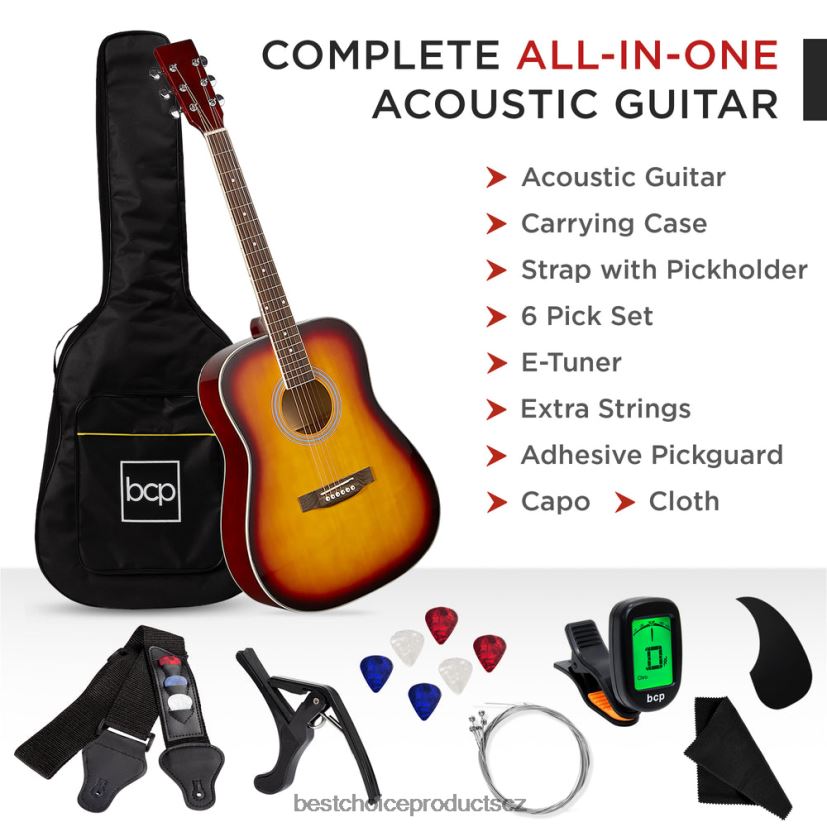 Best Choice Products Startovací sada pro akustickou kytaru 41 palců s digitální ladičkou, polstrované pouzdro, trsátka, popruh hudební nástroje | svit slunce FF22861073