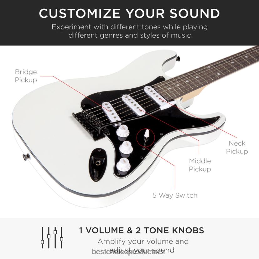 Best Choice Products začátečnická sada elektrické kytary s pouzdrem, 10w zesilovač, tremolo bar hudební nástroje | ledovec bílý FF22861102