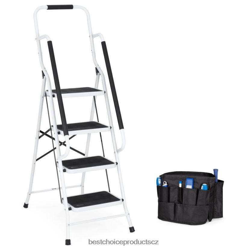 Best Choice Products 4stupňový přenosný skládací žebřík s madly, připojitelná taška na nářadí doplněk bílý FF2286357