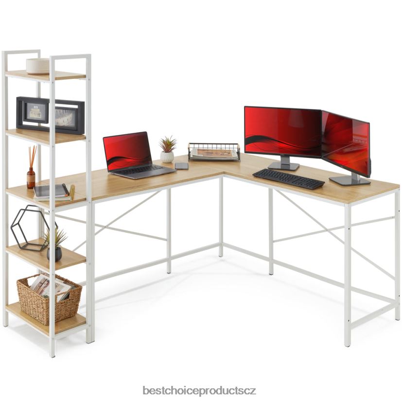 Best Choice Products Počítačový stůl ve tvaru l, studijní pracovní stanice s 5patrovou otevřenou policí na knihy doplněk bílý dub FF2286649
