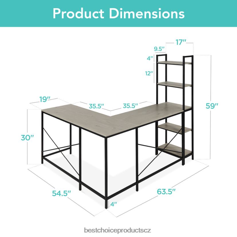 Best Choice Products Počítačový stůl ve tvaru l, studijní pracovní stanice s 5patrovou otevřenou policí na knihy doplněk šedá/černá FF2286648
