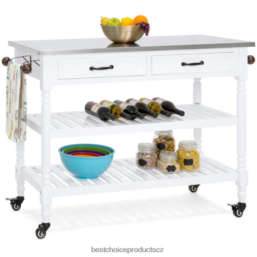 Best Choice Products kuchyňský ostrůvkový úložný a barový vozík s nerezovou deskou doplněk bílý FF2286365