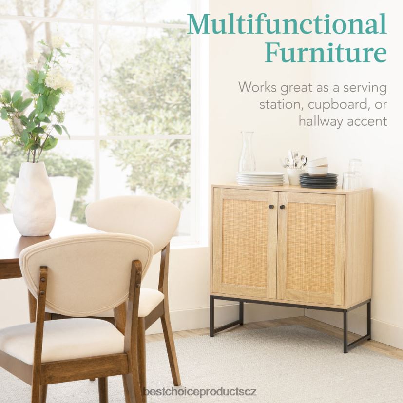 Best Choice Products 2-dveřová ratanová úložná skříň s akcentačním nábytkem do obývacího pokoje s podložkami na nohy doplněk přírodní FF22861179