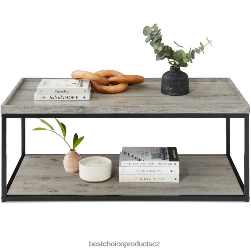Best Choice Products 2patrový konferenční stolek obdélníkového podnosu s kovovým rámem, policí doplněk šedá FF2286732