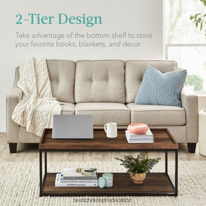 Best Choice Products 2patrový konferenční stolek obdélníkového podnosu s kovovým rámem, policí doplněk hnědý FF2286731