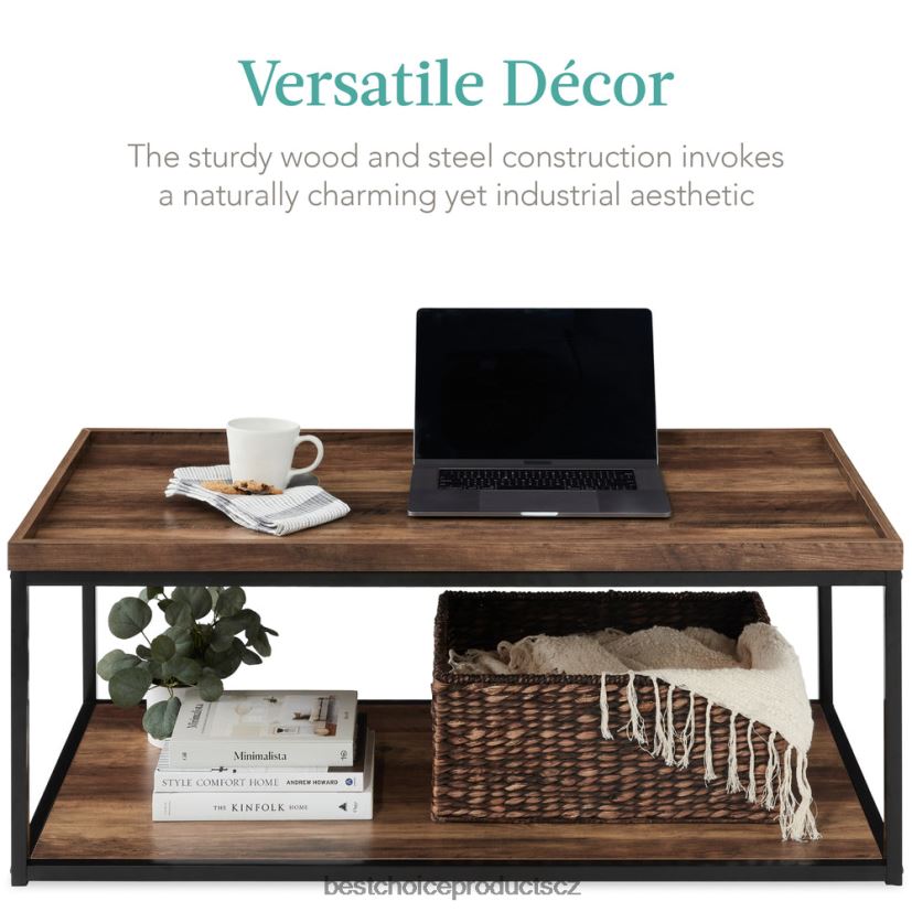 Best Choice Products 2patrový konferenční stolek obdélníkového podnosu s kovovým rámem, policí doplněk hnědý FF2286731