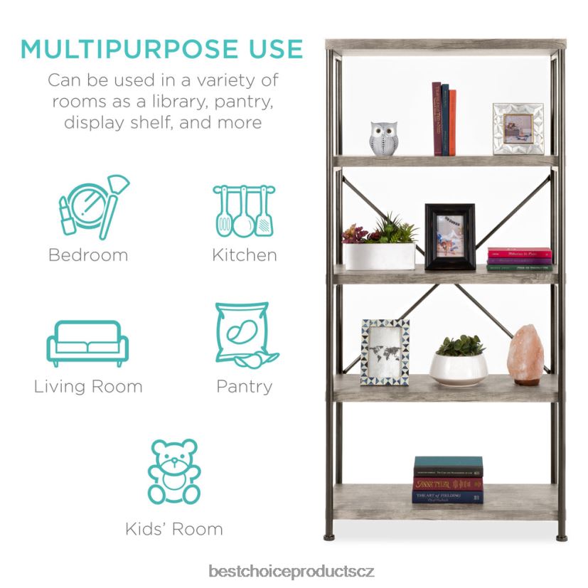 Best Choice Products 5patrová průmyslová knihovna s kovovým rámem, dřevěné police doplněk šedá FF2286690