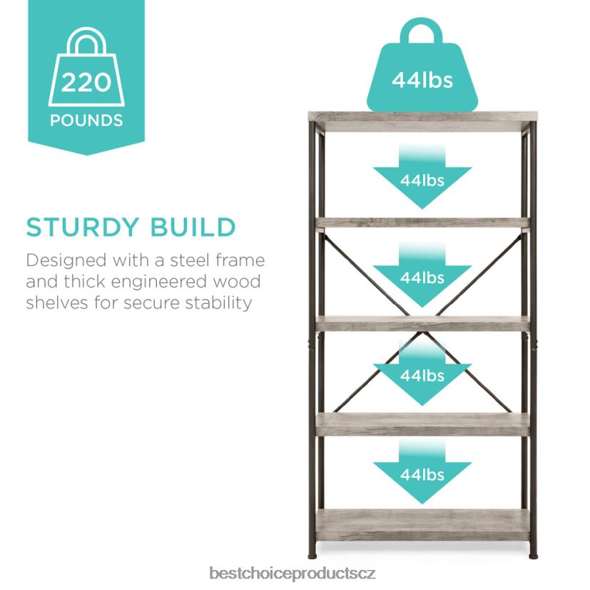 Best Choice Products 5patrová průmyslová knihovna s kovovým rámem, dřevěné police doplněk šedá FF2286690