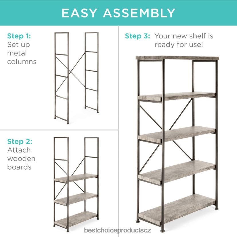 Best Choice Products 5patrová průmyslová knihovna s kovovým rámem, dřevěné police doplněk šedá FF2286690