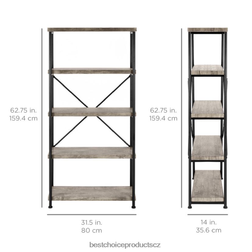 Best Choice Products 5patrová průmyslová knihovna s kovovým rámem, dřevěné police doplněk šedá FF2286690