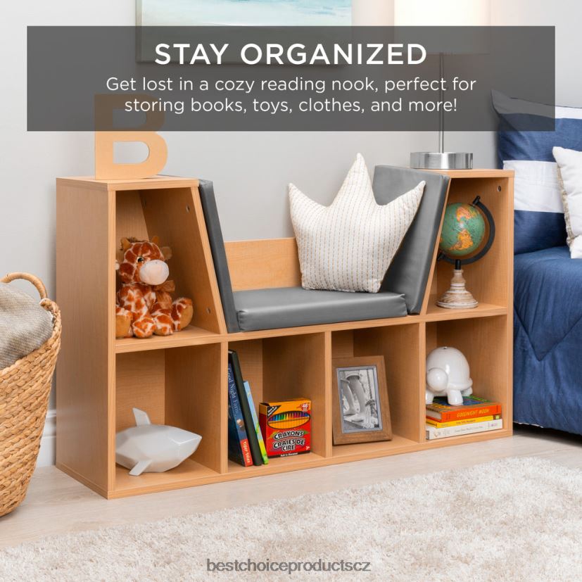 Best Choice Products Dětská knihovna se 6 kubaty s akcentem na nábytek s polstrovaným koutkem na čtení doplněk hnědý FF2286735