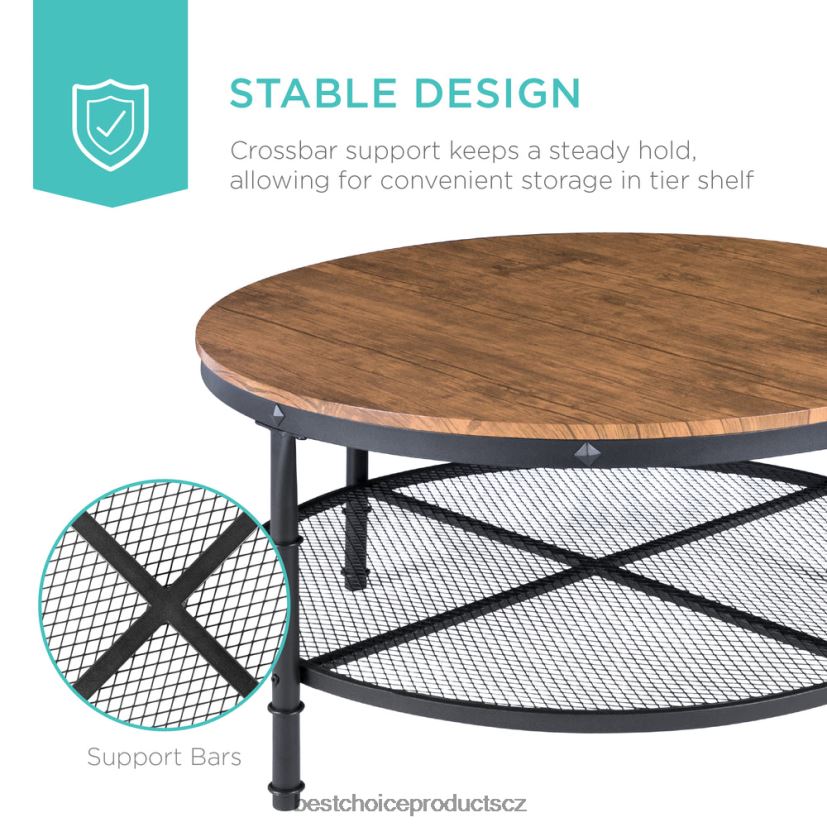 Best Choice Products Dvoupatrový kulatý průmyslový konferenční stolek ze dřeva a oceli, odkládací police doplněk hnědý FF2286355