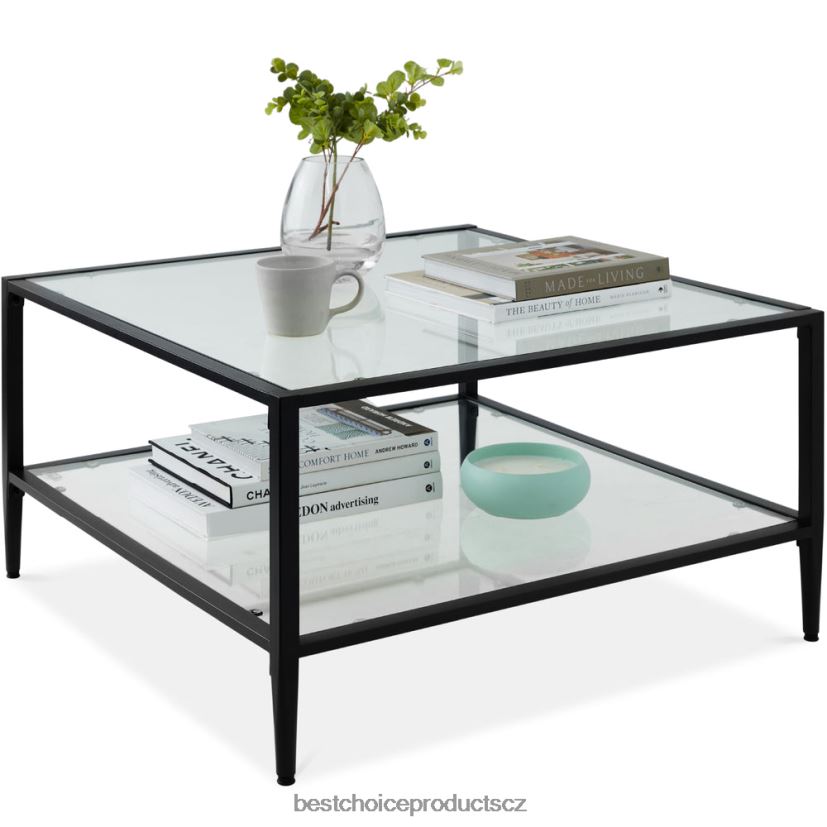 Best Choice Products Dvoupatrový velký čtvercový konferenční stolek v obývacím pokoji se skleněnou deskou doplněk Černá FF22861254