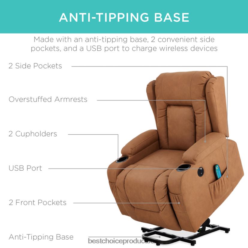 Best Choice Products Elektricky poháněné polohovatelné masážní křeslo s vyhříváním, USB portem, držáky nápojů doplněk koňak FF2286622