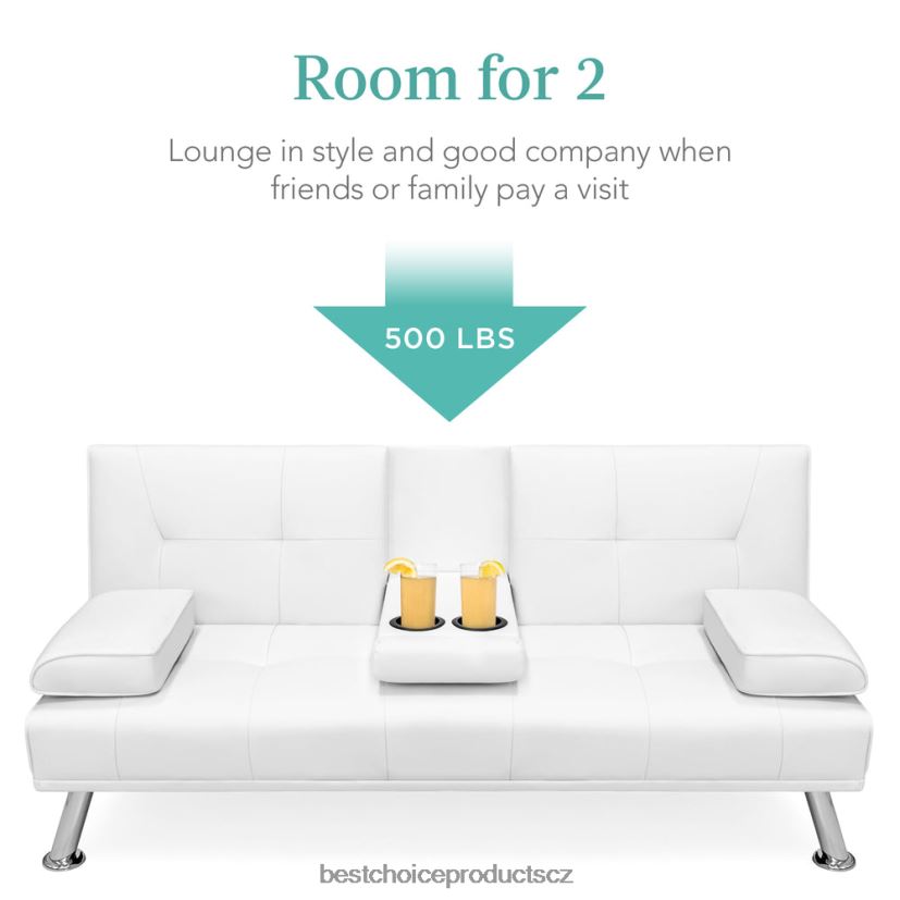 Best Choice Products Rozkládací pohovka futon čalouněná umělou kůží se 2 držáky nápojů doplněk bílý FF2286628