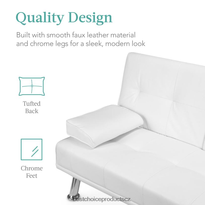 Best Choice Products Rozkládací pohovka futon čalouněná umělou kůží se 2 držáky nápojů doplněk bílý FF2286628