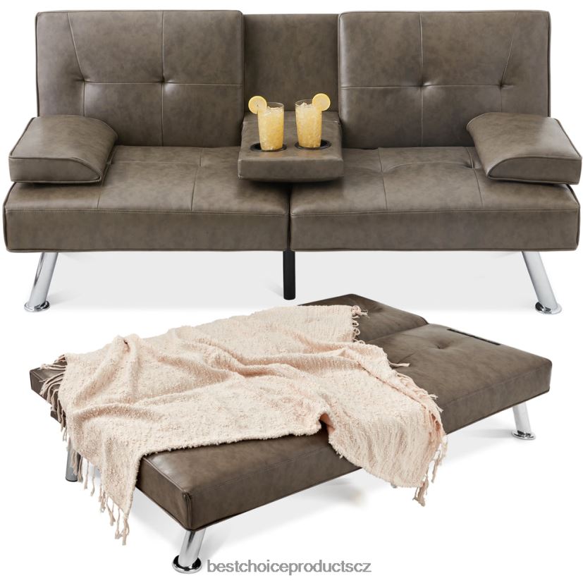 Best Choice Products Rozkládací pohovka futon čalouněná umělou kůží se 2 držáky nápojů doplněk šedá FF2286630