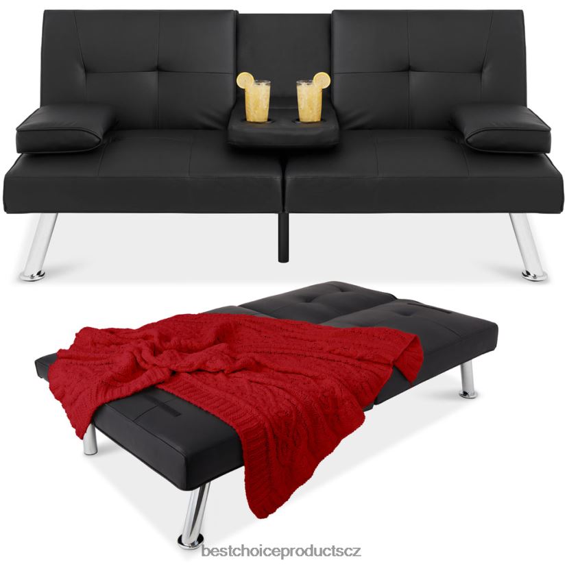 Best Choice Products Rozkládací pohovka futon čalouněná umělou kůží se 2 držáky nápojů doplněk Černá FF2286627