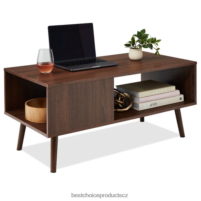 Best Choice Products dřevěný moderní konferenční stolek z poloviny století s otevřenou odkládací policí doplněk vlašský ořech FF2286373