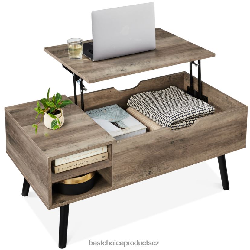 Best Choice Products dřevěný moderní zdvižný konferenční stolek z poloviny století s odnímatelnou policí doplněk šedý dub FF2286696