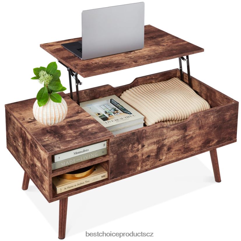 Best Choice Products dřevěný moderní zdvižný konferenční stolek z poloviny století s odnímatelnou policí doplněk hnědý FF2286698