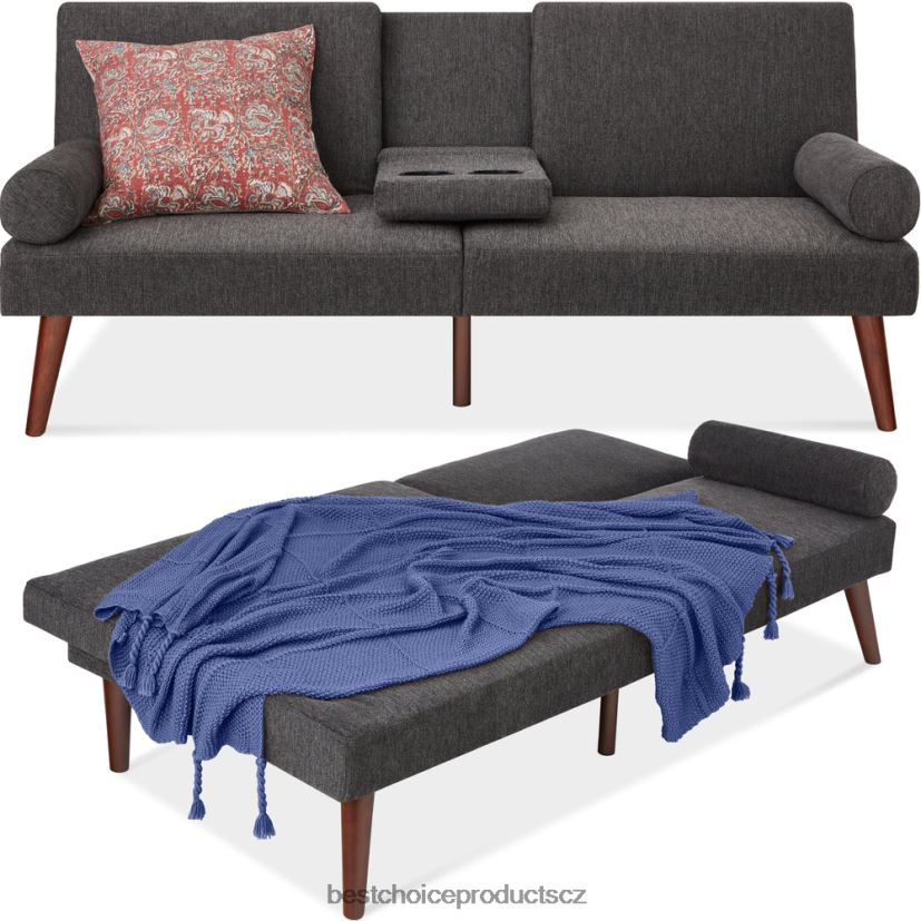 Best Choice Products kabriolet futon čalouněný látkou se zaoblenými područkami, 2 držáky nápojů doplněk dřevěné uhlí FF2286687