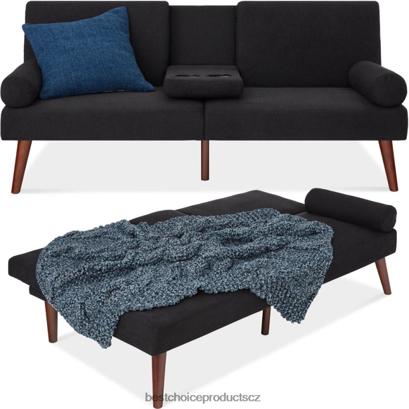 Best Choice Products kabriolet futon čalouněný látkou se zaoblenými područkami, 2 držáky nápojů doplněk Černá FF2286685