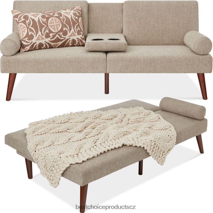 Best Choice Products kabriolet futon čalouněný látkou se zaoblenými područkami, 2 držáky nápojů doplněk písek FF2286684