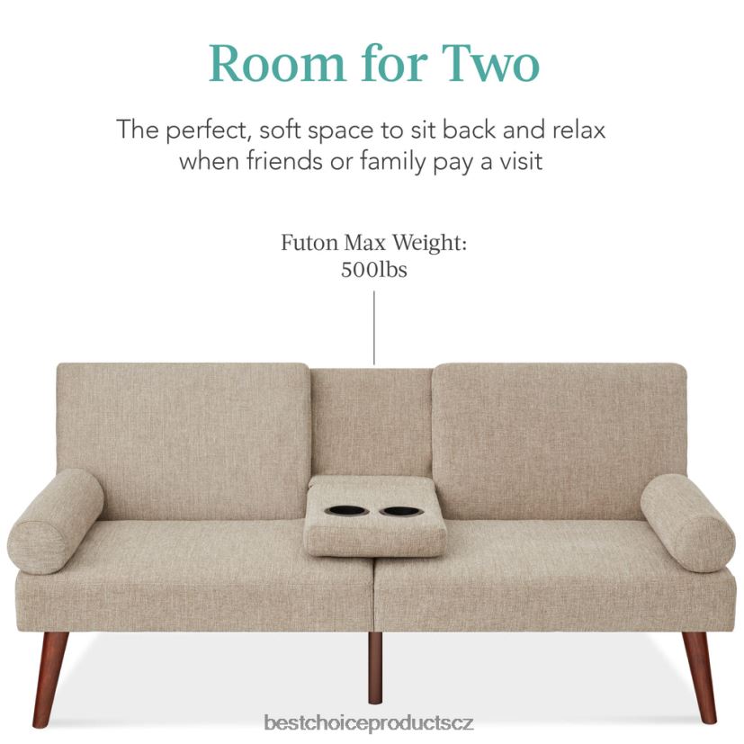 Best Choice Products kabriolet futon čalouněný látkou se zaoblenými područkami, 2 držáky nápojů doplněk písek FF2286684