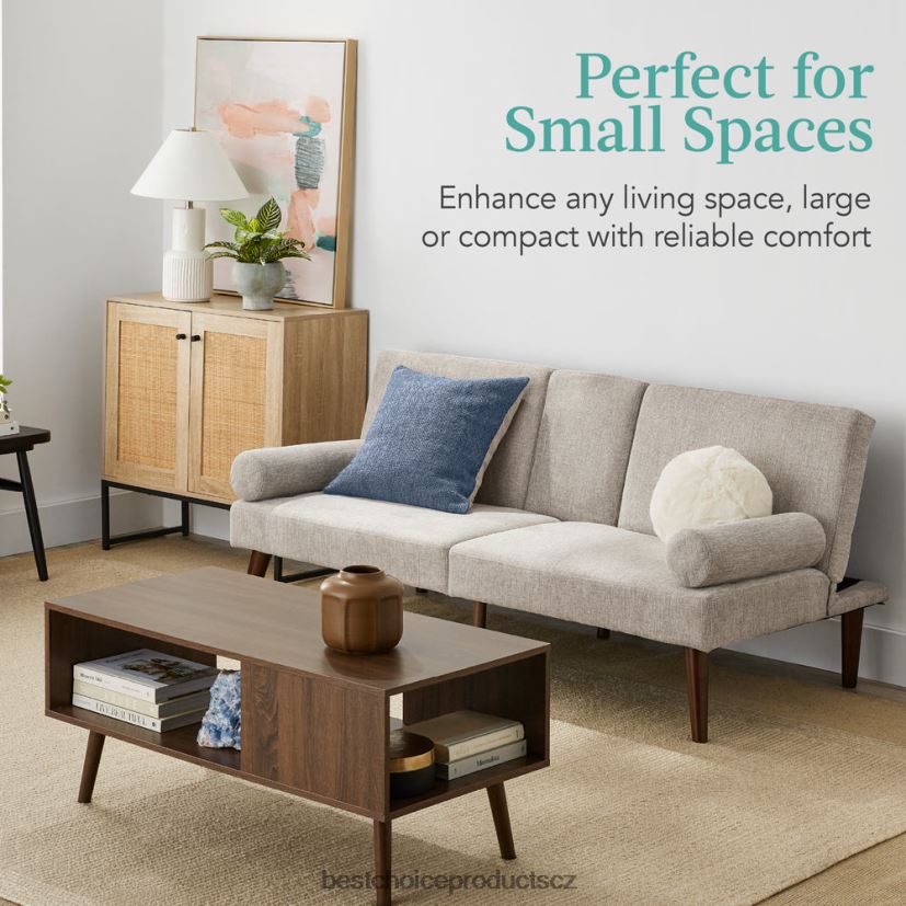 Best Choice Products kabriolet futon čalouněný látkou se zaoblenými područkami, 2 držáky nápojů doplněk písek FF2286684