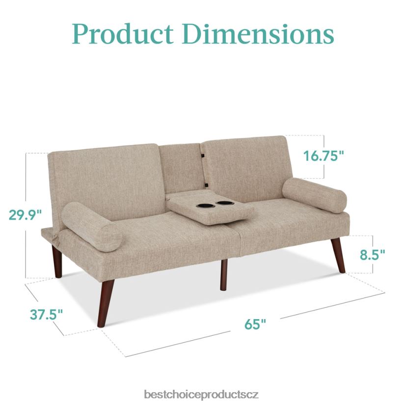 Best Choice Products kabriolet futon čalouněný látkou se zaoblenými područkami, 2 držáky nápojů doplněk písek FF2286684