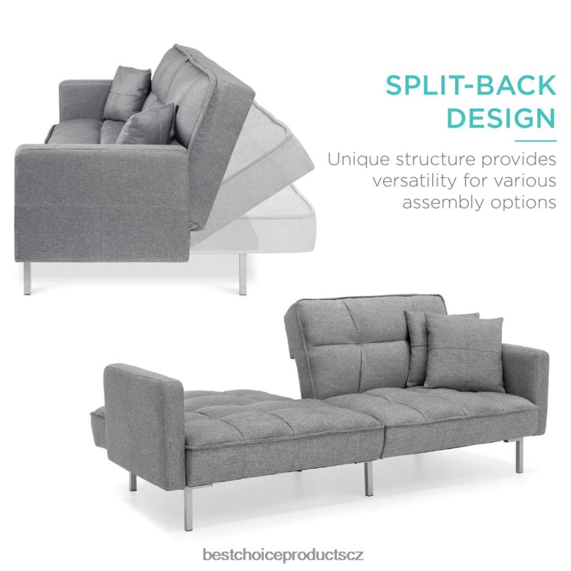 Best Choice Products konvertibilní plátěný všívaný futon se 2 plyšovými polštáři, dělený design doplněk tmavě šedá FF2286634
