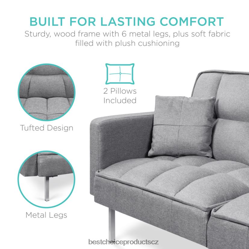 Best Choice Products konvertibilní plátěný všívaný futon se 2 plyšovými polštáři, dělený design doplněk tmavě šedá FF2286634