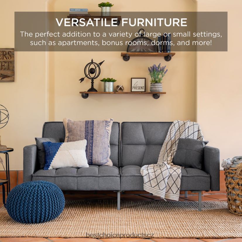 Best Choice Products konvertibilní plátěný všívaný futon se 2 plyšovými polštáři, dělený design doplněk tmavě šedá FF2286634