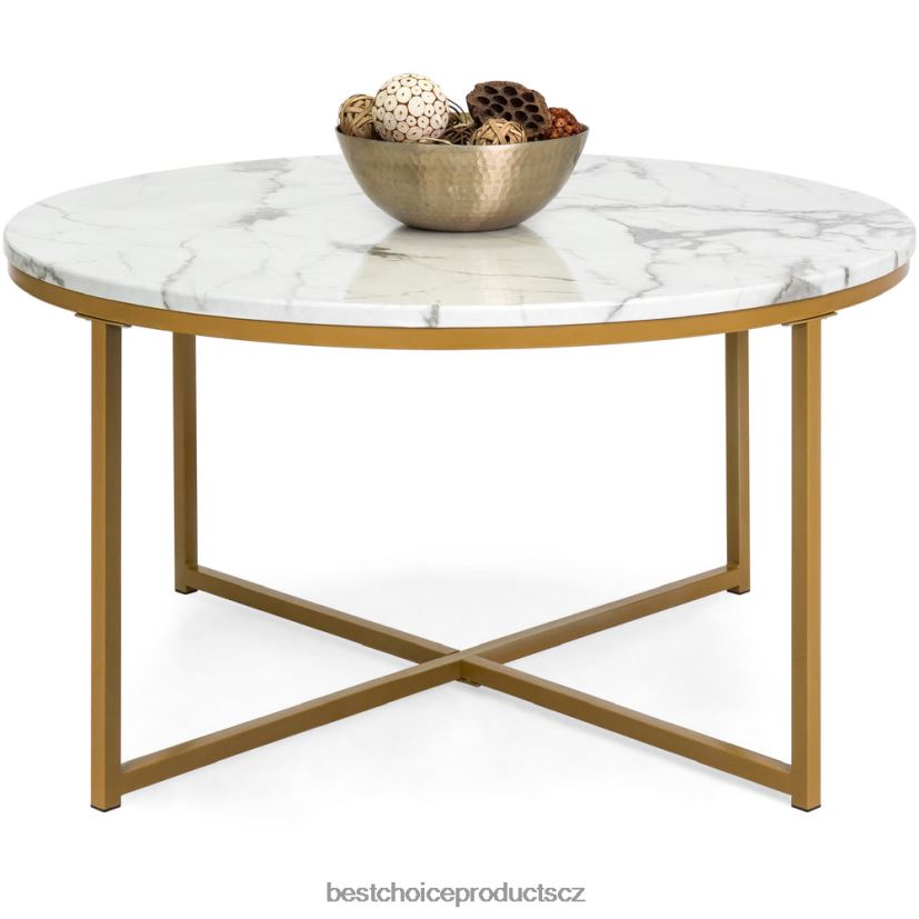 Best Choice Products kulatý konferenční stolek s deskou z umělého mramoru, kovový rám doplněk zlato FF2286652