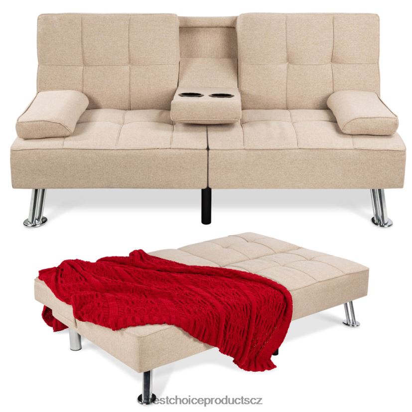 Best Choice Products lněná čalouněná rozkládací pohovka futon se 2 držáky nápojů doplněk béžový FF2286610
