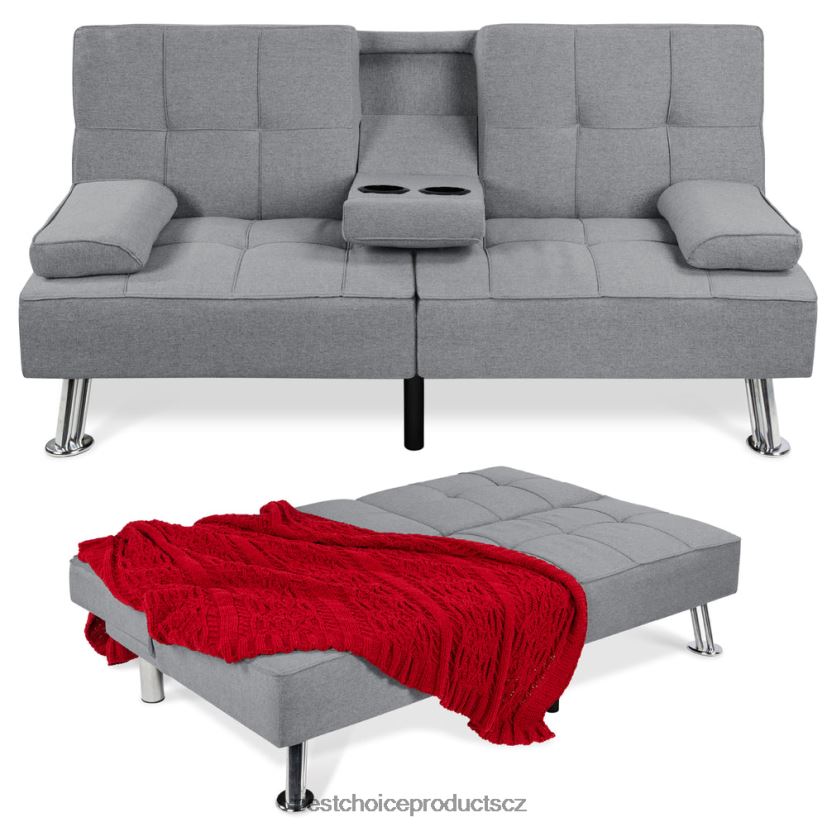 Best Choice Products lněná čalouněná rozkládací pohovka futon se 2 držáky nápojů doplněk šedá FF2286611
