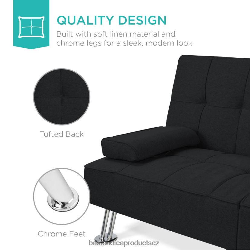 Best Choice Products lněná čalouněná rozkládací pohovka futon se 2 držáky nápojů doplněk Černá FF2286612