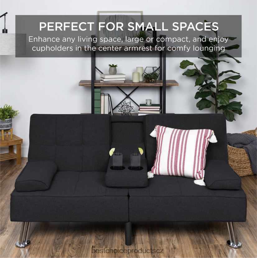 Best Choice Products lněná čalouněná rozkládací pohovka futon se 2 držáky nápojů doplněk Černá FF2286612